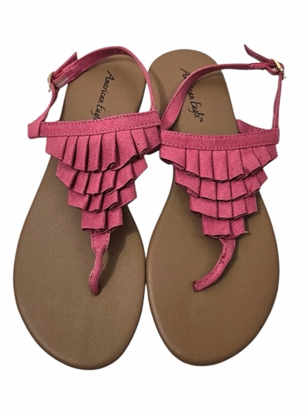 Girls American Eagle Outfitters Pink Layered Ruffle T-Strap Sandals Sz 6.5
